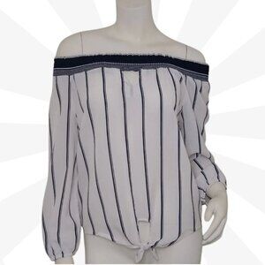 No Boundaries White Blue Stripe Off Shoulder Knit Peasant Top Size Medium